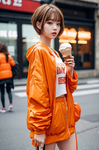 Orange jacket , girl, oversized clothes, blurry background, short ash hair, holding ice cream 