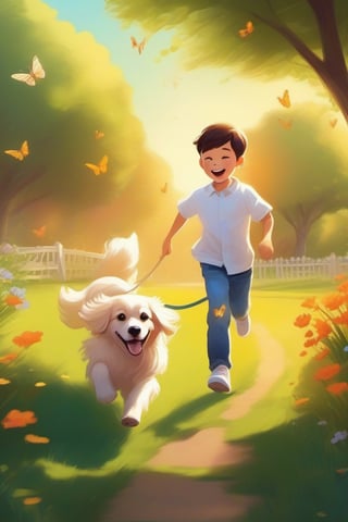 Cartoonish, artistic style, bright colors warm, soft lines and edges, high saturation, bright light and shadow effects, fantasy, natural environment,
Park walking dog, green grass, golden retriever dog chasing butterflies, happy, Chinese boy wearing white shirt, jeans, white sneakers, leading the dog to run together