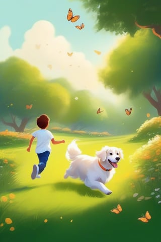 Cartoonish, artistic style, bright colors warm, soft lines and edges, high saturation, bright light and shadow effects, fantasy, natural environment,
Park walking dog, green grass, golden retriever dog chasing butterflies, happy, Chinese boy wearing white shirt, jeans, white sneakers, leading the dog to run together