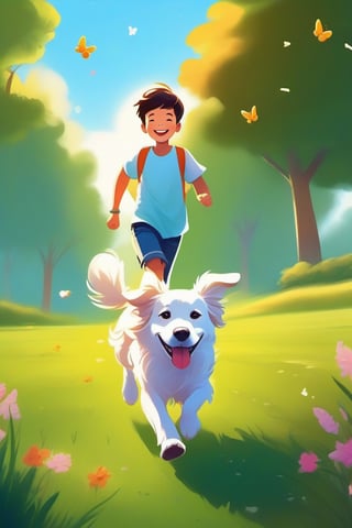 Cartoonish, artistic style, bright colors warm, soft lines and edges, high saturation, bright light and shadow effects, fantasy, natural environment,
Park walking dog, green grass, golden retriever dog chasing butterflies, happy, Chinese boy wearing white shirt, jeans, white sneakers, leading the dog to run together