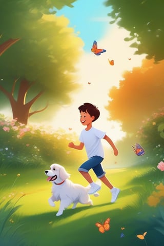 Cartoonish, artistic style, bright colors warm, soft lines and edges, high saturation, bright light and shadow effects, fantasy, natural environment,
Park walking dog, green grass, golden retriever dog chasing butterflies, happy, Chinese boy wearing white shirt, jeans, white sneakers, leading the dog to run together