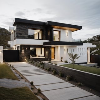 modern house with a white front, in the style of moody lighting, light yellow and dark bronze, textural
detail, clear edge definition, organic stone carvings, in the mountain cliff next to sea, multi-coloured
minimalism, Realism, a man black face