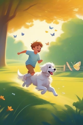 Cartoonish, artistic style, bright colors warm, soft lines and edges, high saturation, bright light and shadow effects, fantasy, natural environment,
Park walking dog, green grass, golden retriever dog chasing butterflies, happy, Chinese boy wearing white shirt, jeans, white sneakers, leading the dog to run together