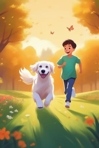 Cartoonish, artistic style, bright colors warm, soft lines and edges, high saturation, bright light and shadow effects, fantasy, natural environment,
Park walking dog, green grass, golden retriever dog chasing butterflies, happy, Chinese boy wearing white shirt, jeans, white sneakers, leading the dog to run together