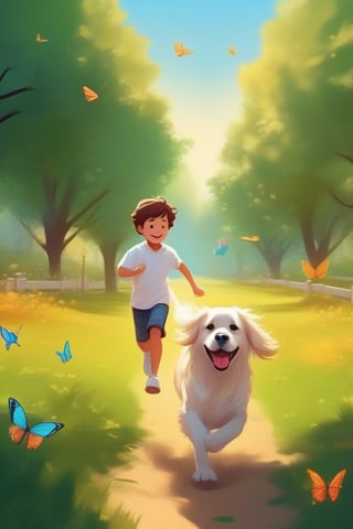 Cartoonish, artistic style, bright colors warm, soft lines and edges, high saturation, bright light and shadow effects, fantasy, natural environment,
Park walking dog, green grass, golden retriever dog chasing butterflies, happy, Chinese boy wearing white shirt, jeans, white sneakers, leading the dog to run together