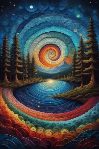 a swirly fibonacci eye, float in forest, mountain, swirly sky, cosmic sky, hypnotic, painting, metaphysical, quilling|mosaic, psychedelic art,  super-detailed geometric patterns, symmetrical design, lsd effect, weird art, artwork by matt rhodes, fine lines, moody, fantasy, art by andy kehoe, autumn forest background, night, starry sky, colorfull