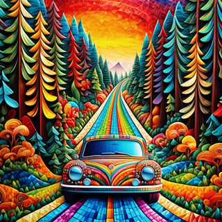 colorfull car on road, forest, landscape, surrealism, fantasy, reflection, painting, metaphysical, quilling|mosaic, Psychedelic art, (bright colors), super-detailed geometric patterns, symmetrical design, lsd effect, weird art