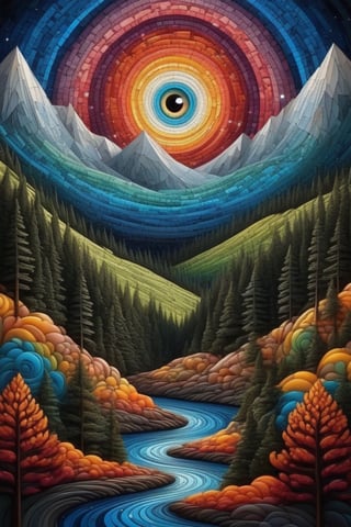 a swirly fibonacci eye, float in forest, mountain, swirly sky, cosmic sky, hypnotic, painting, metaphysical, quilling|mosaic, psychedelic art,  super-detailed geometric patterns, symmetrical design, lsd effect, weird art, artwork by matt rhodes, fine lines, moody, fantasy, art by andy kehoe, autumn forest background, night, starry sky, colorfull