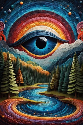 a swirly fibonacci eye, float in forest, mountain, swirly sky, cosmic sky, hypnotic, painting, metaphysical, quilling|mosaic, psychedelic art,  super-detailed geometric patterns, symmetrical design, lsd effect, weird art, artwork by matt rhodes, fine lines, moody, fantasy, art by andy kehoe, autumn forest background, night, starry sky, colorfull