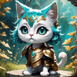 a cute cat, with gold armor, turquoise hair, big eyes, character design by Tim burton, detailed, anime style, hd, background colorfull garden,