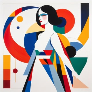 A pristine and elegant female figure gracefully posing against a clean white background, emanating a sense of purity and serenity. Bathed in the vibrant and bold colors of Bauhaus art, this prompt combines clean lines, geometric shapes, and a harmonious color palette inspired by artists like Wassily Kandinsky and Paul Klee. The contrasting simplicity of the white background and the expressive use of color in the figure's attire create a striking visual impact.