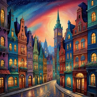 Beautiful whimsical cityscape, whimsical buildings, at night, beautiful sky, lit street, bold colors, In style of Fern Isabel Coppedge, Elia Locardi, Mikalojus Konstantinas Ciurlionis,  elegant, intricate, beautiful, fantastic view, ultra detailed.