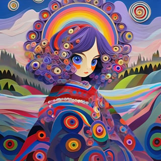 A girl, violet eyes, kimono, cleaveage, intricate swirly shirt, standing side river, flowers, tree, swirly sky, (quilled eyeballs), quilled sun, digital painting, mixed media, intricate quilling, psychedelic, meticulous, vibrant, ethereal, metaphysical, pop art, neo-expressionism, sequin, chemiluminescence, agnes lawrence pelton, sonia delaunay, wanda gág