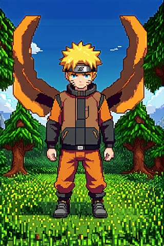 Uzumaki Naruto from the Naruto Anime, standing heroically on a vibrant green Minecraft field. Behind him, a colossal nine-tailed cat with its tails dramatically spread out. The scene features iconic Minecraft trees, with an epic cinematic effect enhanced by floating light particles, creating an atmosphere reminiscent of a grand movie. The entire setting is rendered in the distinctive blocky Minecraft style