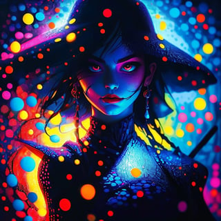 In an electrifying display of artistic mastery, a shadow lady assassin emerges from the canvas, brought to life with pointillism dot art. Neon lights and vortex lighting accentuate her stealthy aura, casting a mesmerizing glow around her. The colorful dots that comprise her form evoke a sense of dynamism and mystery, while sparkling with an otherworldly allure. This prompt showcases the fusion of color, light, and meticulous dot work, resulting in a visually captivating image. The shadow lady assassin's presence is both alluring and formidable, inviting the viewer into a world of intrigue and danger.