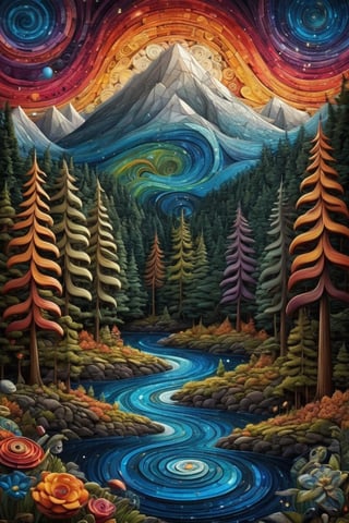 a swirly fibonacci eye, float in forest, mountain, swirly sky, cosmic sky, hypnotic, painting, metaphysical, quilling|mosaic, psychedelic art,  super-detailed geometric patterns, symmetrical design, lsd effect, weird art, artwork by matt rhodes, fine lines, moody, fantasy, art by andy kehoe, autumn forest background, night, starry sky, colorfull