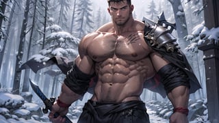 The 20-year-old portrait of a spartan with swords, anime young guy, strong, medium muscles, male focus, battle stance, manly, strong shoulders, dark background with snow fall wiht trees, He wields a colossal greataxe, its blade etched with ancient runes, (topless), establishing shot,he have a big crotch bulge, 