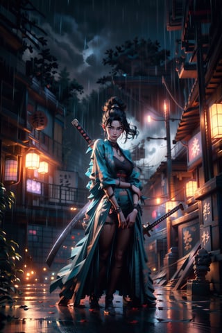 ((full body shot, close up, (masterpiece, best quality, hires, high resolution:1.2), (extremely detailed, realistic, intricate details, highres), dynamic pose, 1girl, solo, dark hair, Updo, bun hair, light smile, smooth skin, detailed skin, (small breasts, thick thighs, wide hips), wearing all black samurai outfit, (hand around sword handle), standing,  looking at viewer, outdoors,  heavily raining, complex background, 1720s Japanese street, dirt road, (dark skies, moonlight, cinematic lighting, perfect lighting, bloom), looking at viewer, ground-level shot, medium close-up shot, ,taikusouko, Samurai girl