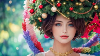 1girl, (masterpiece, top quality, best quality, official art, beautiful and aesthetic:1.2), short hair , extreme detailed, (flowers), (fractal art), colorful, upperbody, christmas hat, christmas tree