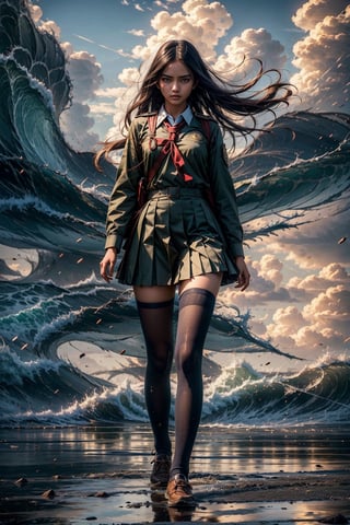 A beautiful girl, wearing (Indonesian school girl uniform), windy, full body, r1ge, gonggongshi, realistic, into the dark, deep shadow, cinematic, masterpiece, best quality, high resolution 