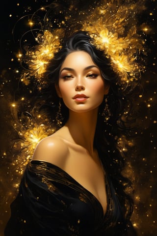 A woman with a bunch of fireflies in her hair, an ultrafine detailed painting, by WLOP, flowing black hair, porcelain, boris vallejo and ilya kuvshinov, detailed painting 32k, norman rockwell, ross tran, diablo 4 queen, beeple and james jean, fantasy art behance, cgsociety, ultra detail, digital painting.
golden patterns, golden and black spirit, liquid gold explosion, golden smoke magic, star dust, golden milky way, black background, magic fog, alcohol ink,oil paint