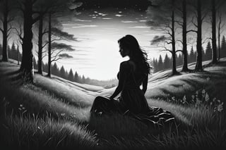 Charcoal drawing, black pencil drawing,
Shadow art, photograf of beautiful woman silhouette posing on the dark luminescent meadow, gorgeous sensual body, alluring, barefoot, 8K, UHD, masterpiece, high resolution, delicate detail, realistic, highly detailed, perfect composition, beautiful, detailed, insanely detailed, Octane render, trending on artstation, 8K artistic photography, photorealistic concept art, soft, natural, volumetric, cinematic, natural light, (Soulful Aesthetics, Erik Marinovich, Chiara Bautist, Gina Triplett, Tillie Walden), forest trees galaxy 