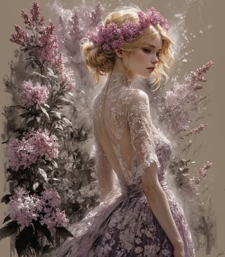 ((extremely perfect detailed)), Masterpiece, HD, 16K, A captivating minimalist illustration of a 20-year-old blonde beauty. ((A painting in shades of mauve, lace gown and elaborate floral wreath)), (((airbrush art by Yoji Shinkawa:1.9))) Layered tulle gown with sparkling lace, ((standing between Syringa vulgaris lilac astilbe bloom)), ink art,line art illustration, ((the main heroine standing away in all human height between flowers)), standing away Charcoal drawing, crayons, black pencil drawing, pencil drawing, black and white drawing, graphite drawing, masterpiece, crayons, pencils, mj, RTX, 4k, HDR, Anna Razumovskaya, Casey Baugh, Antonio Mora, Aminola Rezai, Giovanni Boldini, art, detailed)), looking_at_camera 