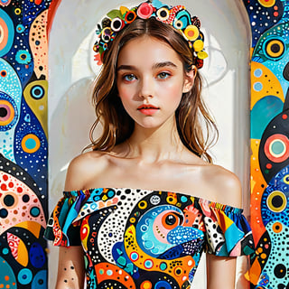 Masterpiece, highest quality, high resolution, of a girl, with exquisite features, wearing an off-the-shoulder dress featuring various abstract and stylized creatures in vibrant and whimsical artistic patterns.,better photography,xxmix_girl