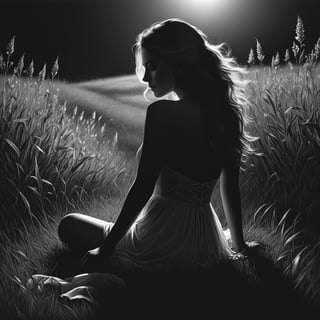 Charcoal drawing, black pencil drawing,
Shadow art, photograf of beautiful woman silhouette posing on the dark luminescent meadow, gorgeous sensual body, alluring, barefoot, 8K, UHD, masterpiece, high resolution, delicate detail, realistic, highly detailed, perfect composition, beautiful, detailed, insanely detailed, Octane render, trending on artstation, 8K artistic photography, photorealistic concept art, soft, natural, volumetric, cinematic, natural light