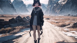 Full body view, detailed outfits, complex_bg ,  potrait, cinematic light, 8k, illustration, 1girl,solo,looking at viewer,(glowing eyes:1.5,aura),(closed mouth,smile:1.2), (cowboy shot),outside, landscape, weird atmosphere, (best quality:1.1), (masterpiece:1.2), dramatic light, high quality shadow, beautiful detailed, (high detailed skin, skin details),(wide_landscape,8k), beautiful face, detailed eyes, depth of field,best quality, highres, best shadow, best illumination,(backlighting)
,High detailed , wasteland,Gao