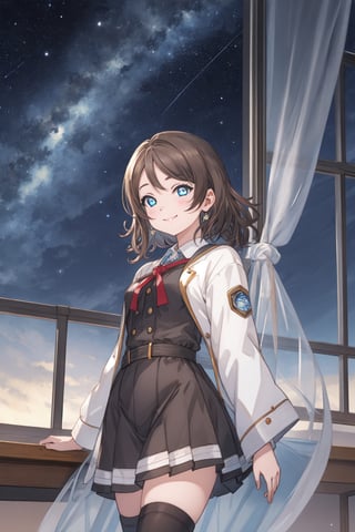 solo, 1girl , look at viewer, cinematic, potrait shot, ultra high quality, masterpiece, ultra detailed eyes, forest, ultra detailed starry sky  night, high quality colorful galaxy on night sky, ultra quality background, detailed pupils eyes, closed smile, standing,miku, inside classroom ,you watanabe