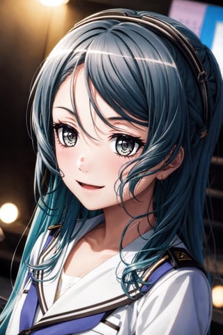 high detailed, beautiful girl, wide shot, high quality, masterpiece, light smile, small breasts, beautifully, sayo hikawa, on stage,lewd uniform, seriously face