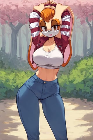 score_9, score_8_up, score_7_up, score_6_up, score_5_up, score_4_up, (Source sonic), (rating safe), vanilla the rabbit, 1girl, solo, outside, wearing blue jeans, white shirt, jacket, large breasts, brown eyes, looking at viewer, standing, outside, trees, fall weather,  , wide hips, rabbit girl, short hair, body fur, hands on hips, anime style,stomach_punch,arms up,cammystretch, stretching,flashing belly,sch00lg1rl