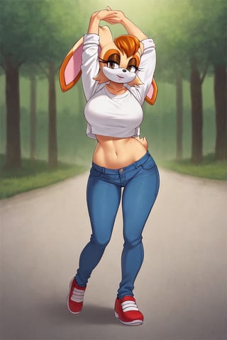 score_9, score_8_up, score_7_up, score_6_up, score_5_up, score_4_up, (Source sonic), (rating safe), vanilla the rabbit, 1girl, solo, outside, wearing blue jeans, white shirt, jacket, large breasts, brown eyes, looking at viewer, standing, outside, trees, fall weather,  , wide hips, rabbit girl, short hair, body fur, hands on hips, anime style,stomach_punch,arms up,cammystretch, stretching,flashing belly