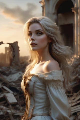 A hauntingly beautiful portrait of Cheryl (1.3) as she stands amidst the ruins of what once was. Soft, golden light casts a warm glow on her porcelain-like skin and luscious locks. Her brown eyes gaze wistfully into the distance, lost in thoughts of yesteryear's LORA (Low Resolution Array). Crumbling surroundings serve as a stark contrast to her timeless beauty, as if frozen in time.