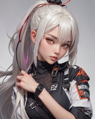 anime girl with long hair and orange eyes, close-up, Arknights, white-haired fox, Girls Frontline Style, Ponytail, abstract background, neon colors,