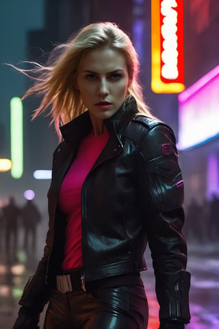 masterpiece, 4k, high resolution, beautiful, ultra-detailed (cinematic shot, panoramic, wide angle camera) a woman, 30 years old, futuristic space mercenary (long blonde hair, black eyes, athletic body, angry look) wears a black jacket, red top, black pants, walks in the middle of a futuristic post-apocalyptic city, illuminated by neon yellow, red, green, purple and pink lights, in a nighttime environment