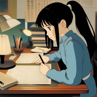 (ghibli), a girl looking up at her desk drawing, realistic depiction of a focus face, artistic portrait style, contrasting colors,  (masterpiece,best quality), black hair, short_pony_tail, (bedroom),StdGBRedmAF