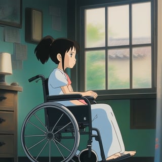 (ghibli), a girl in a wheelchair looking through the window, realistic depiction of a focus face, artistic portrait style, contrasting colors,  (masterpiece,best quality), black hair, short_pony_tail, (bedroom),StdGBRedmAF