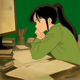 (ghibli), a girl looking up at her desk drawing, realistic depiction of a melancholy face, artistic portrait style, contrasting colors,  (masterpiece,best quality), black_hair, green eyes, pony_tail