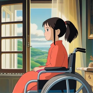 (ghibli), a girl in a wheelchair looking through the window, realistic depiction of a focus face, artistic portrait style, contrasting colors,  (masterpiece,best quality), black hair, short_pony_tail, (bedroom),StdGBRedmAF