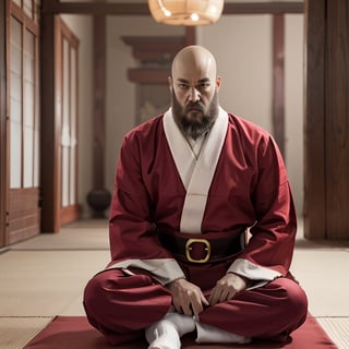 ((Santa Claus)), detailed face with wrinkles, (bald head), (shaved head), ((white beard)), Aged 70+, wearing a ((totally) (red colored Chinese Shao Lin Monk long robe), (loose red colored monk pants underneath),  (Tabi socks)), The monk is meditating in zazen on Tatami, with Christmas Tree, The monk is (practicing Qigong exercises), Photorealistic, full_length_portrait,washitsu,kratosGOW_soul3142, 1boy,