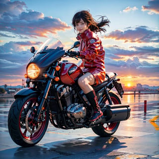 (4k), (masterpiece), (best quality), (realistic), (cinematic　lighting), (epic), photo real, ((whole body)), motion shot, full body, ((The background is blurred due to high speed movement)), young Japanese girl, glossy black short hair, (((small face))), large breasts, ((red biker jacket,A picture of a capsule is drawn on the back.)), ride on red colour [[kaneda's motorcycle, bimotaTESI-H2]], hair blown by the breeze, Blunt bangs, shy smile, sunset_scenery_background, 