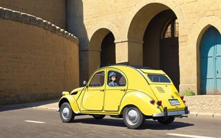 Lupin the 3rd, Lupin and Fujiko driving Citroen 2CV, Castle of Cagliostro, 
(full body:1.0), from bellow, high quality skin texture rendering, curved body, masterpiece, 8k, high resolution, ghibli, ,r0b0cap,StdGBRedmAF