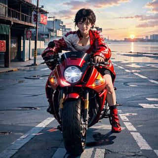 (4k), (masterpiece), (best quality), (realistic), (cinematic　lighting), (epic), photo real, ((whole body)), motion shot, full body, ((The background is blurred due to high speed movement)), young Japanese girl, glossy black short hair, (((small face))), large breasts, ((red biker jacket,A picture of a capsule is drawn on the back.)), ride on red colour [[kaneda's motorbike appears in AKIRA, low and long]], hair blown by the breeze, Blunt bangs, shy smile, sunset_scenery_background, 