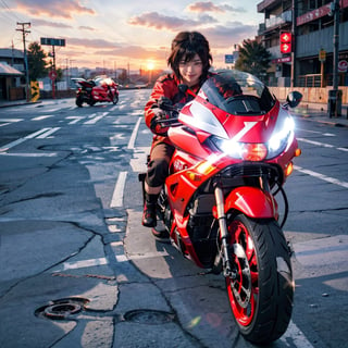 (4k), (masterpiece), (best quality), (realistic), (cinematic　lighting), (epic), photo real, ((whole body)), motion shot, full body, young Japanese girl, glossy black short hair, (((small face))), large breasts, ((red biker jacket,A picture of a capsule is drawn on the back.)), ride on red colour [[bimota TESI-H2]], hair blown by the breeze, Blunt bangs, shy smile, sunset_scenery_background, 