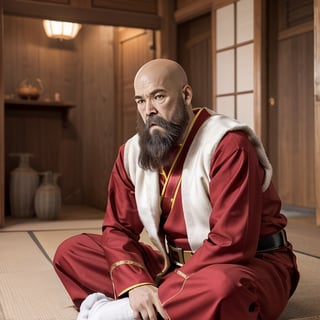 ((Santa Claus)), detailed face with wrinkles, (bald head), (shaved head), ((white beard)), Aged 70+, wearing a ((totally) (red colored Chinese Shao Lin Monk long robe), (loose red colored monk pants underneath),  (Tabi socks)), The monk is meditating in zazen on Tatami, Christmas Tree, The monk is (practicing Qigong exercises), Photorealistic, full_length_portrait,washitsu,kratosGOW_soul3142, 1boy,