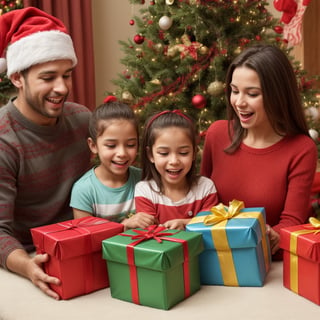 Generate hyper realistic image of a happy latino family opening gifts on Christmas day. Husband, wife, son, daughter. Christmas decorations everywhere!