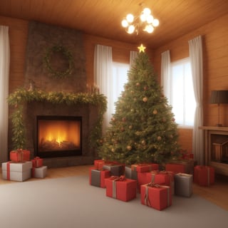 Generate hyper realistic image of a beautiful Christmas tree, in a cozy cabin at night