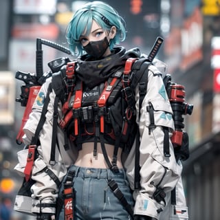 Original image person weight 1.5,centered, upper body portrait, upper body, 22yo woman, european, | short hair, aqua hair color, light blue eyes, detailed face, (black futuristic mouth mask:1.2), small breasts, | open jacket, crop top, midriff, wide hips, (urban techwear), (techwear jacket), (techwear pants), fingerless gloves, two katanas at his back, | futuristic city, tokyo, night, city lights, | bokeh, depth of field, | hyperealistic shadows, detailed background, realistic, |